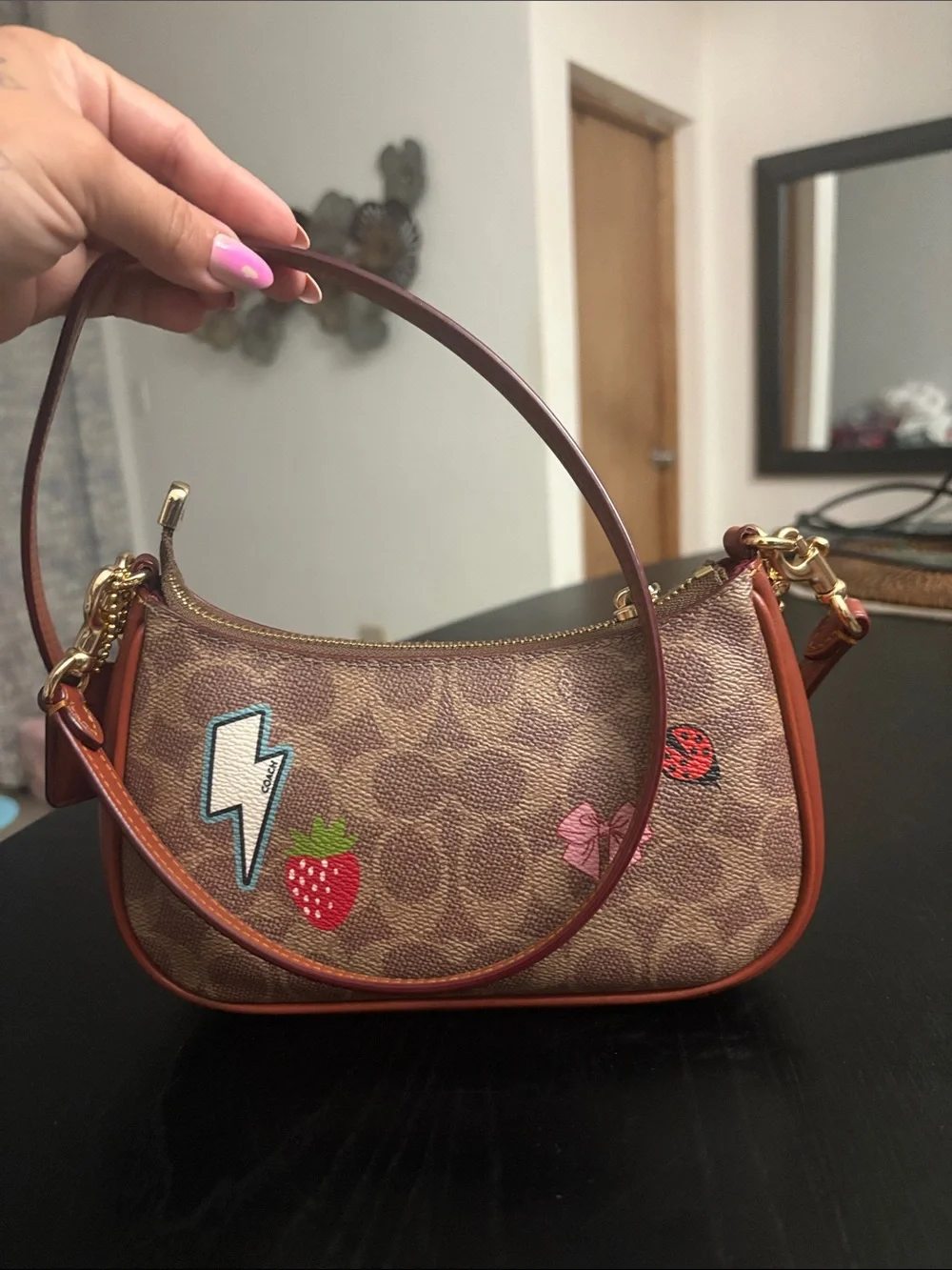 Coach Brown Signature Mini Bag with Colorful Patch Motifs